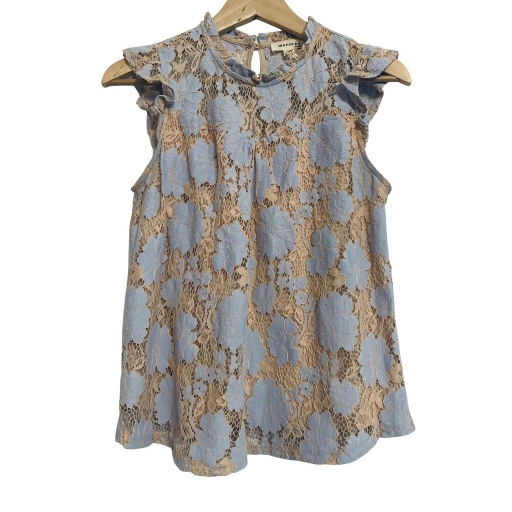Monteau Womens‎ Blue Top layered Lace Nude Base Cap Sleeve Ruffles Whimsicle M